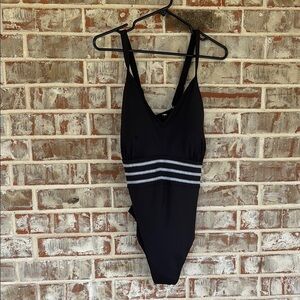 Land’s End Charcoal V-neck Embroidered Crisscross One Piece Swim Suit